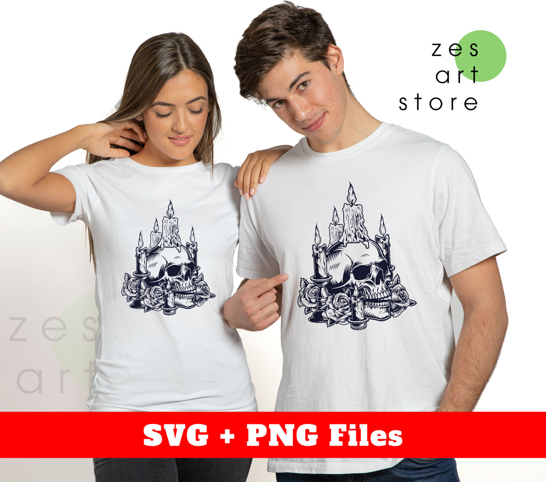 "Add a spooky touch to your Halloween decor with our Halloween Skull featuring creepy candles on top. With our digital PNG files, you can easily incorporate this cool skull into your sublimation designs. Perfect for any Halloween enthusiast."