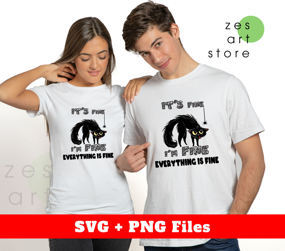 This digital file featuring a black horror cat and the phrase "It's Fine, I'm Fine, Everything Is Fine" is perfect for sublimation printing. Its unique design will add a touch of macabre to any project. Download now for a spooky addition to your collection.