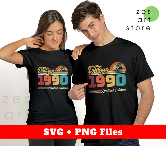 Vintage 1990, Retro 1990 Birthday, 1990 Limited Edition, Digital Files, Png Sublimation
