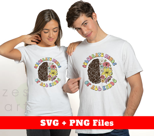 Celebrate Minds Of All Kinds, Brain Grow Flowers, Digital Files, Png Sublimation