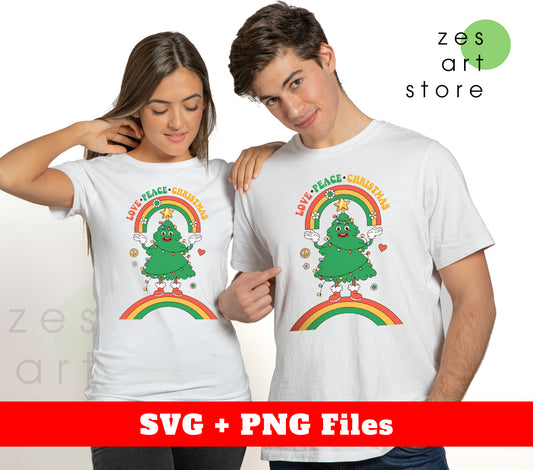 Love Peace Christmas, Groovy Christmas Tree, Digital Files, Png Sublimation