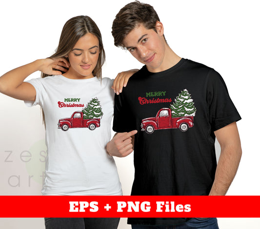 Red Car Bring Christmas Tree, Merry Christmas, Digital Files, Png Sublimation