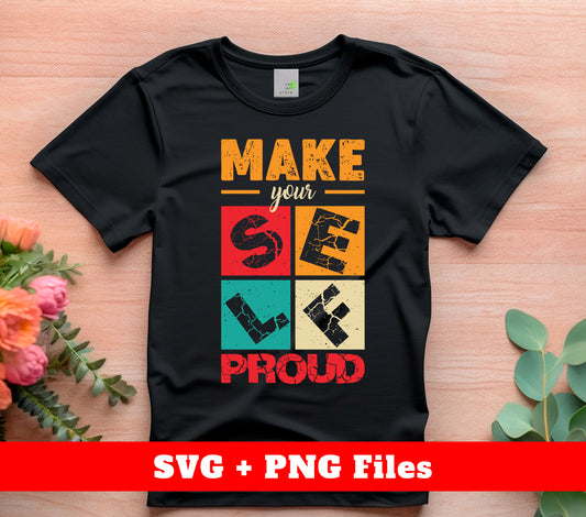 Tap into your inner strength and motivation with Make Yourself Proud, Retro Yourself, and Love Yourself. These powerful slogans, along with the included Svg Files and Png Sublimation, will inspire you to reach your goals and embrace self-love. Perfect for any retro-themed project or fashion statement.