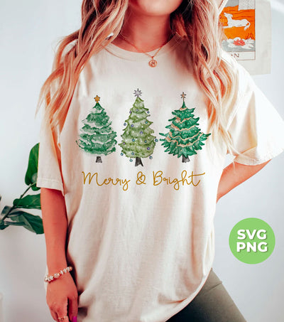 Merry And Bright, Merry Christmas, Xmas Tree Watercolor, Trendy Christmas, Svg Files, Png Sublimation