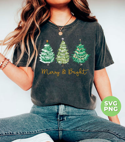 Merry And Bright, Merry Christmas, Xmas Tree Watercolor, Trendy Christmas, Svg Files, Png Sublimation