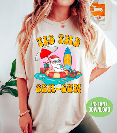 Tis The Sea-Sun, This The Season, Santa Relax On The Seaside, Trendy Christmas, Png Sublimation