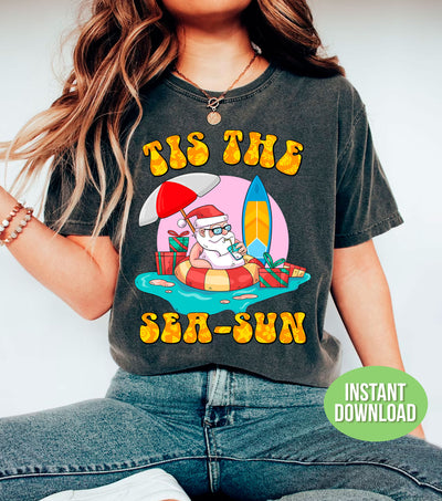 Tis The Sea-Sun, This The Season, Santa Relax On The Seaside, Trendy Christmas, Png Sublimation