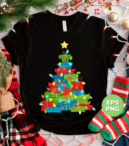 Christmas Tree Made From Gift Box, Xmas Light Line, Digital Files, Png Sublimation