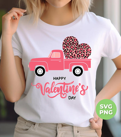 Happy Valentine's Day, Pink Truck In Valentine, Truck Bring Leopard Heart, Digital Files, Png Sublimation