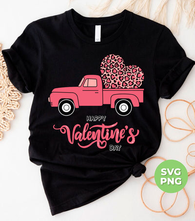 Happy Valentine's Day, Pink Truck In Valentine, Truck Bring Leopard Heart, Digital Files, Png Sublimation