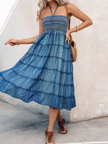 Step out in style with this playful two-way high waist denim midi skirt, featuring charming pearl embellishments that add a touch of sparkle. Wear it as a skirt or transform it into a versatile off-the-shoulder long dress for effortless day-to-night looks. Perfect for those who love mixing classic denim with a fun, feminine twist.