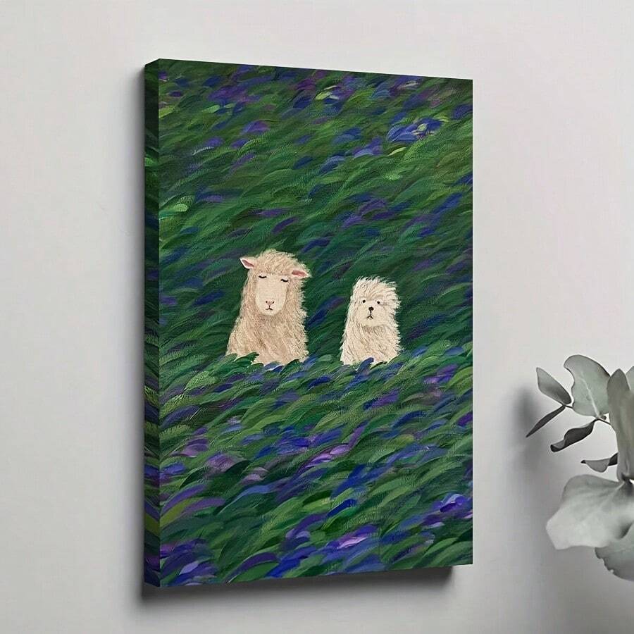 Canvas wall art of two sheep in green meadow with blue and purple brushstrokes