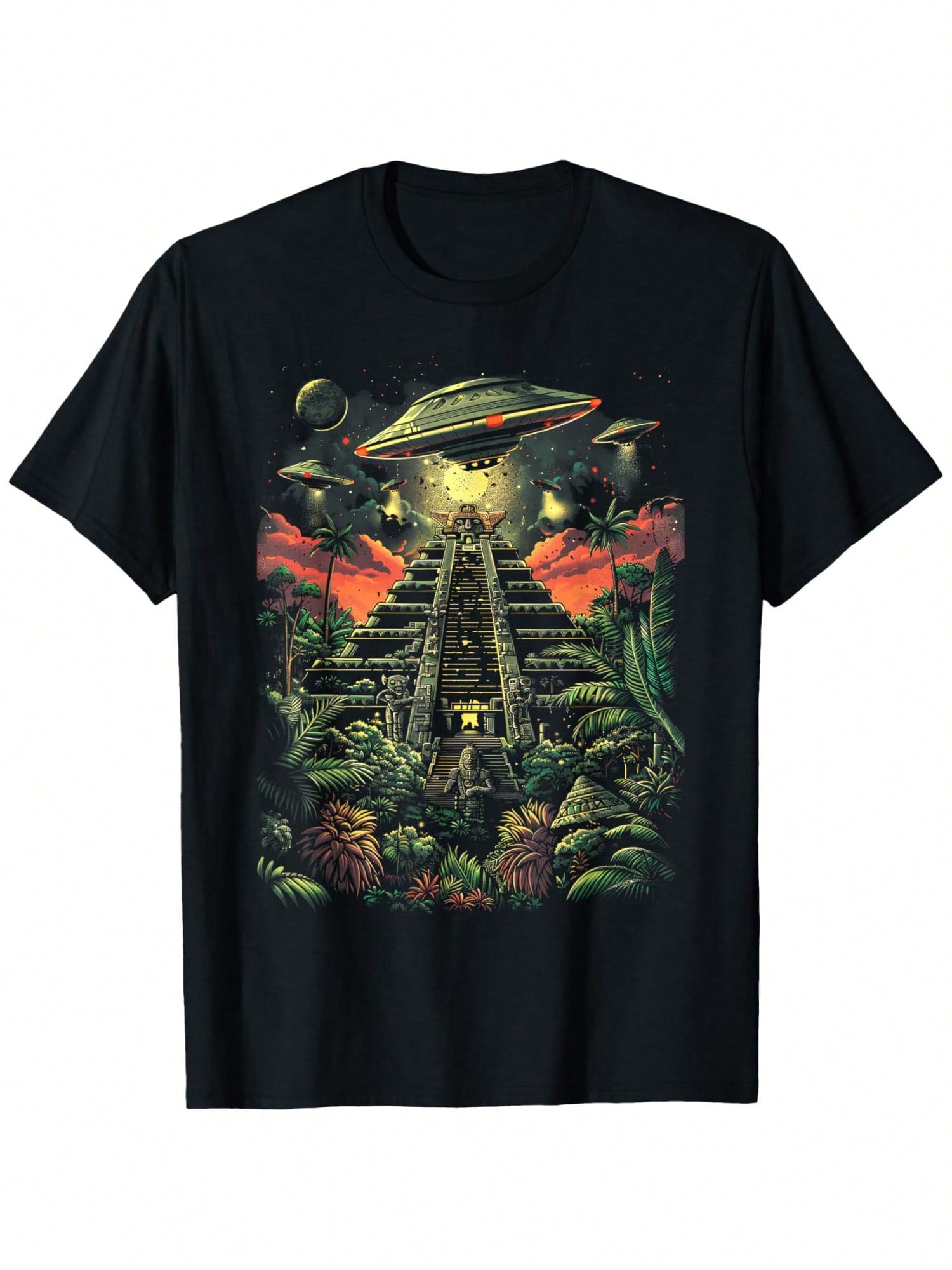 Embrace your otherworldly style with this UFO Alien Pyramid Graphic Tee. Crafted from soft black cotton, it offers all-day comfort for both men and women. The playful design sparks curiosity and adds a cosmic twist to your casual wardrobe. Perfect for those who love a touch of mystery and fun in their everyday look.