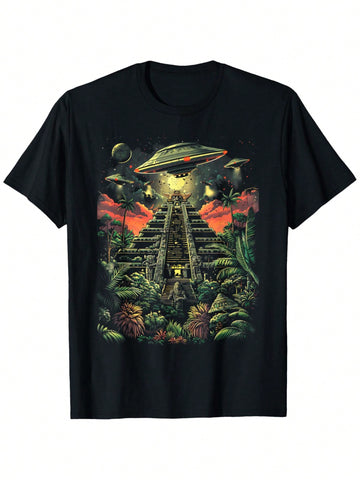 Embrace your otherworldly style with this UFO Alien Pyramid Graphic Tee. Crafted from soft black cotton, it offers all-day comfort for both men and women. The playful design sparks curiosity and adds a cosmic twist to your casual wardrobe. Perfect for those who love a touch of mystery and fun in their everyday look.