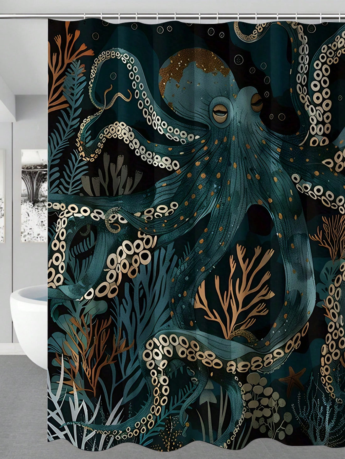 Transform your bathroom into an underwater paradise with our Octopus & Coral Shower Curtain. This digitally printed curtain not only adds elegance, but also keeps your bathroom dry and tidy. Bring some marine charm into your daily routine!