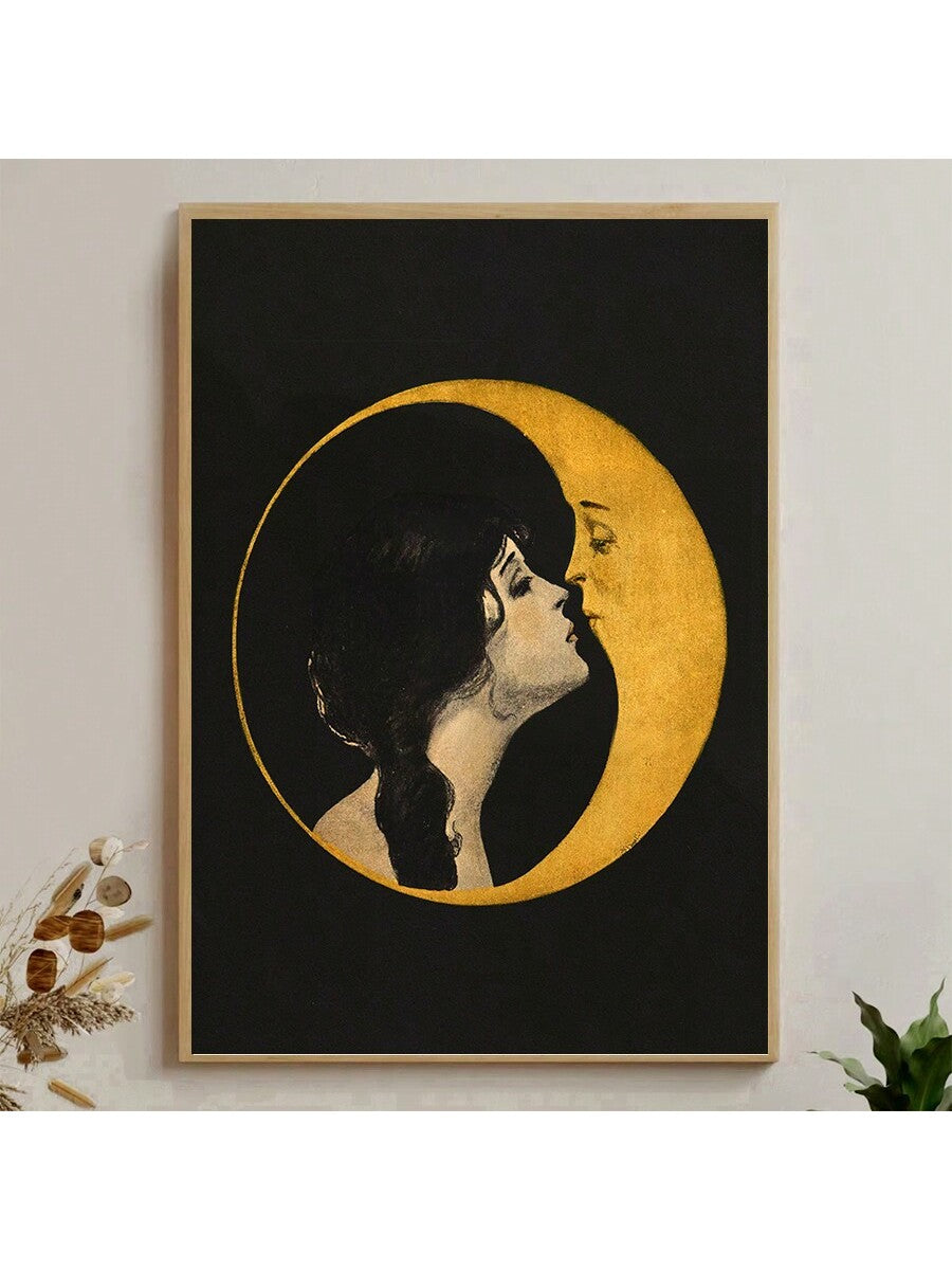 Add a touch of whimsy to your space with this unframed retro music-themed canvas print. Featuring a charming woman kissing the moon, it brings a playful and dreamy vibe perfect for bedrooms or living rooms. Its vibrant design sparks imagination and adds a unique artistic flair to your decor. Easy to frame and display, this canvas print invites you to celebrate music and moonlight in style.