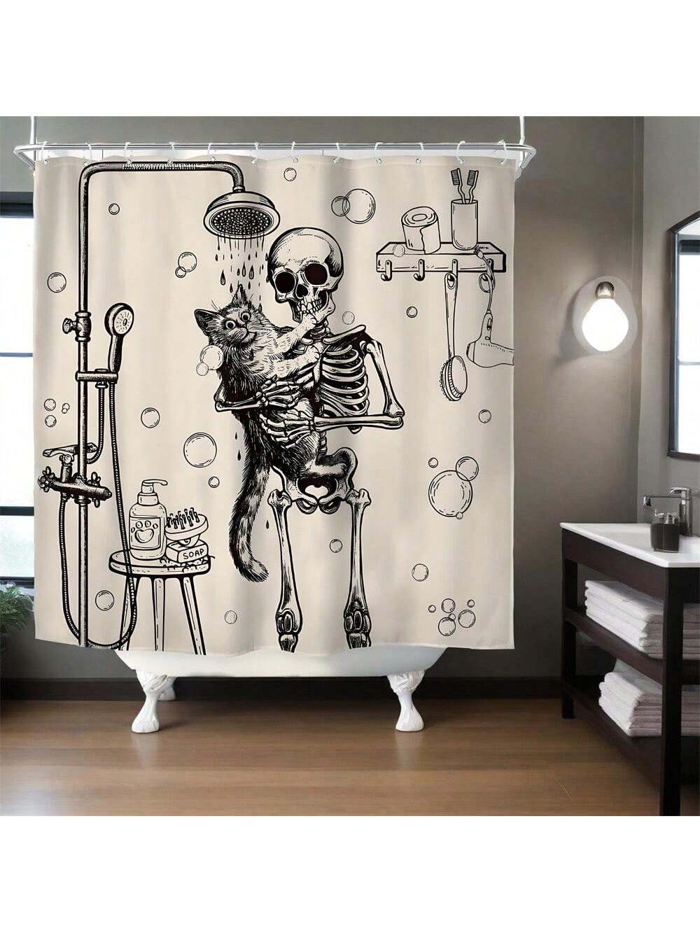 Add a spooky twist to your bathroom with this Unique Halloween Skeleton Shower Curtain. Featuring a gothic Day of the Dead design, it brings festive fun and eerie charm to your space. Made with durable material and includes 12 hooks for easy hanging, this curtain is perfect for celebrating Halloween in style while keeping your bathroom dry and lively.