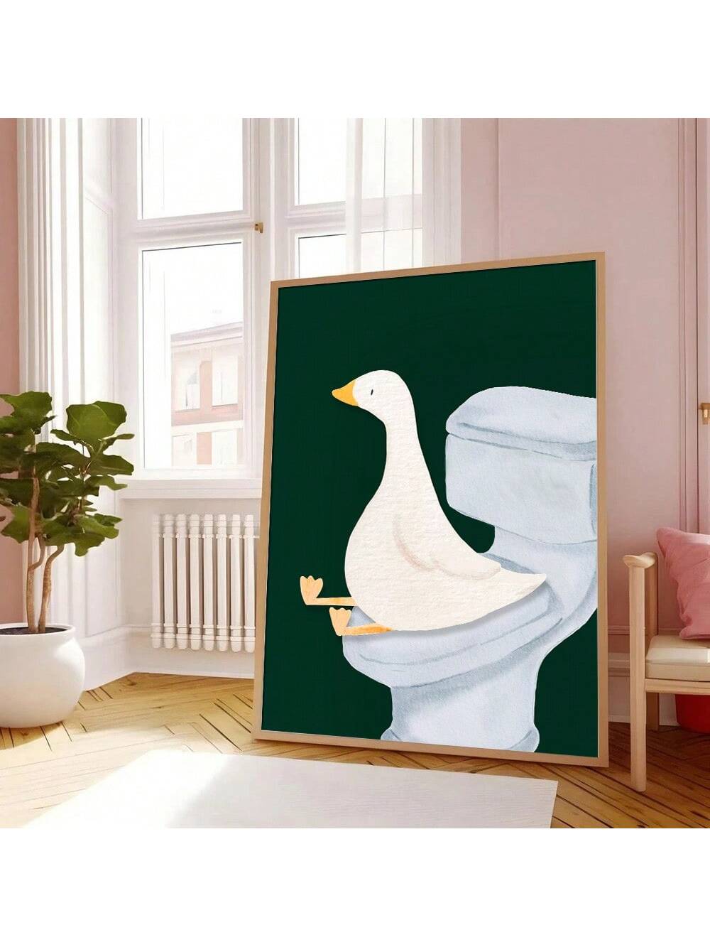 Bring a quirky touch to your bathroom with this eye-catching green goose poster. Perfect for Y2K enthusiasts and minimalist design lovers, this unframed art piece adds personality without overwhelming your space. The playful goose illustration pairs beautifully with modern décor, creating a conversation starter that's equal parts fun and stylish. Hang it solo or mix with other prints for a gallery wall vibe. A lighthearted way to express your unique taste in home design.