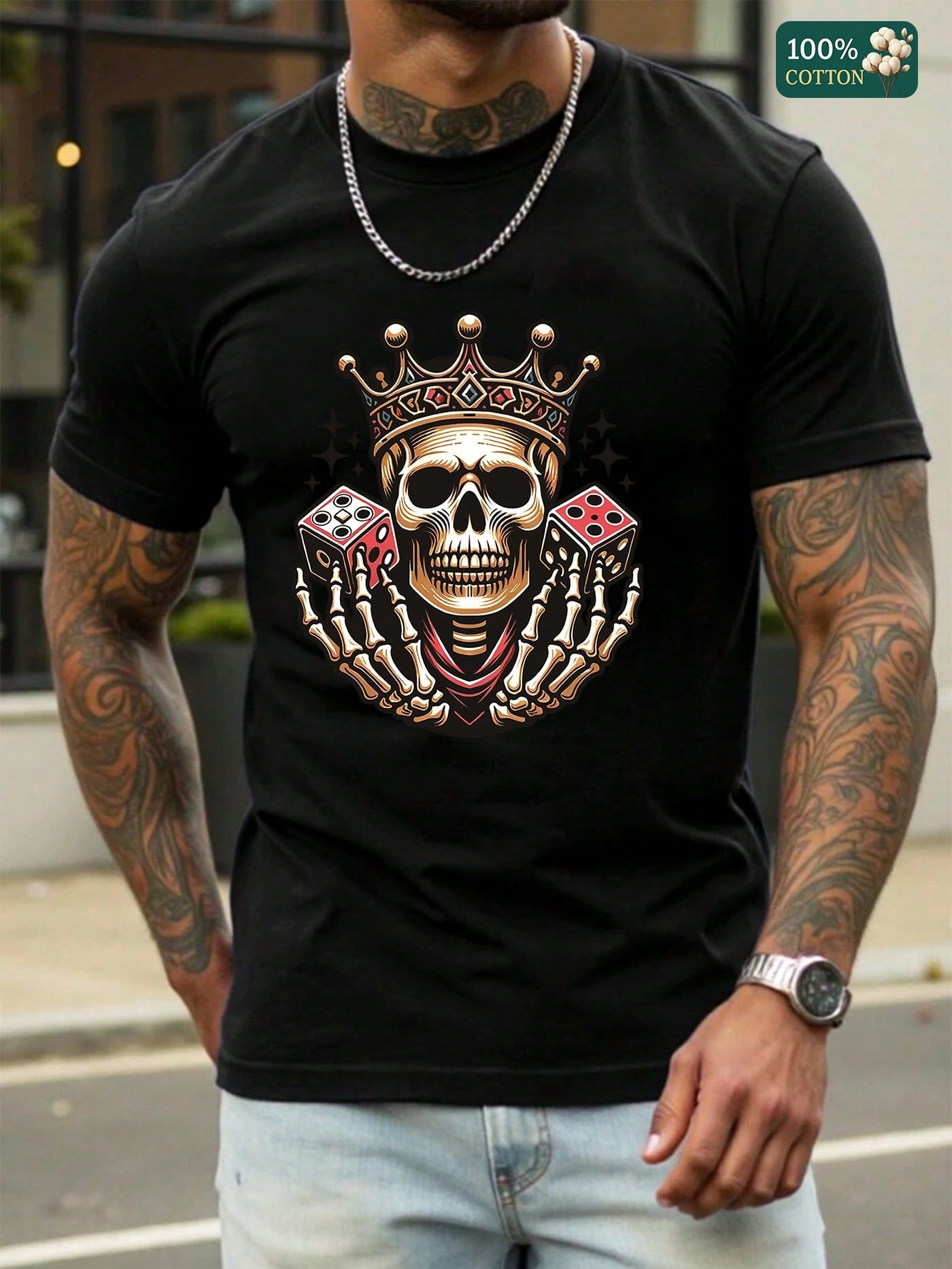 This unisex cotton T-shirt brings summer vibes with an edgy twist. Featuring a bold skull graphic paired with dice, it’s perfect for those who like to mix fun and attitude in their style. Soft and breathable, it keeps you comfy all day while making a cool statement wherever you go. Ideal for men and anyone ready to roll the dice on bold fashion!