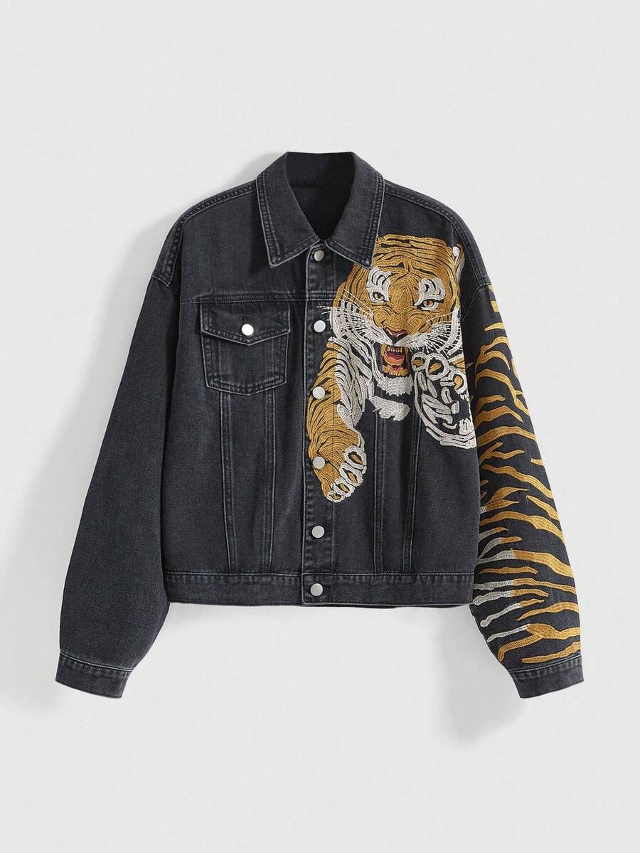 Unisex Vintage Denim Jacket with 3D Embroidery and Chinese Tiger Print - Avant Street Style Fashion - women outerwear jacket visible in all media images, product image 1