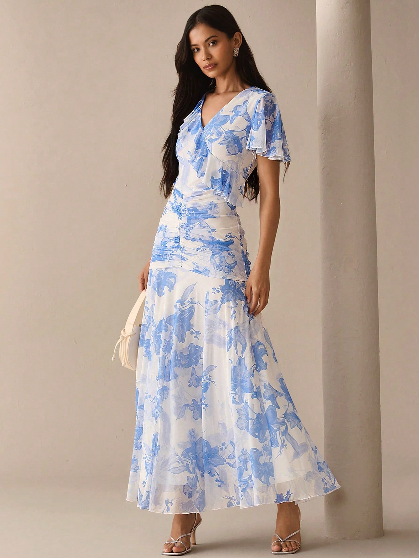 Urban Chic Blue Floral Ruched Dress with Ruffle Sleeves