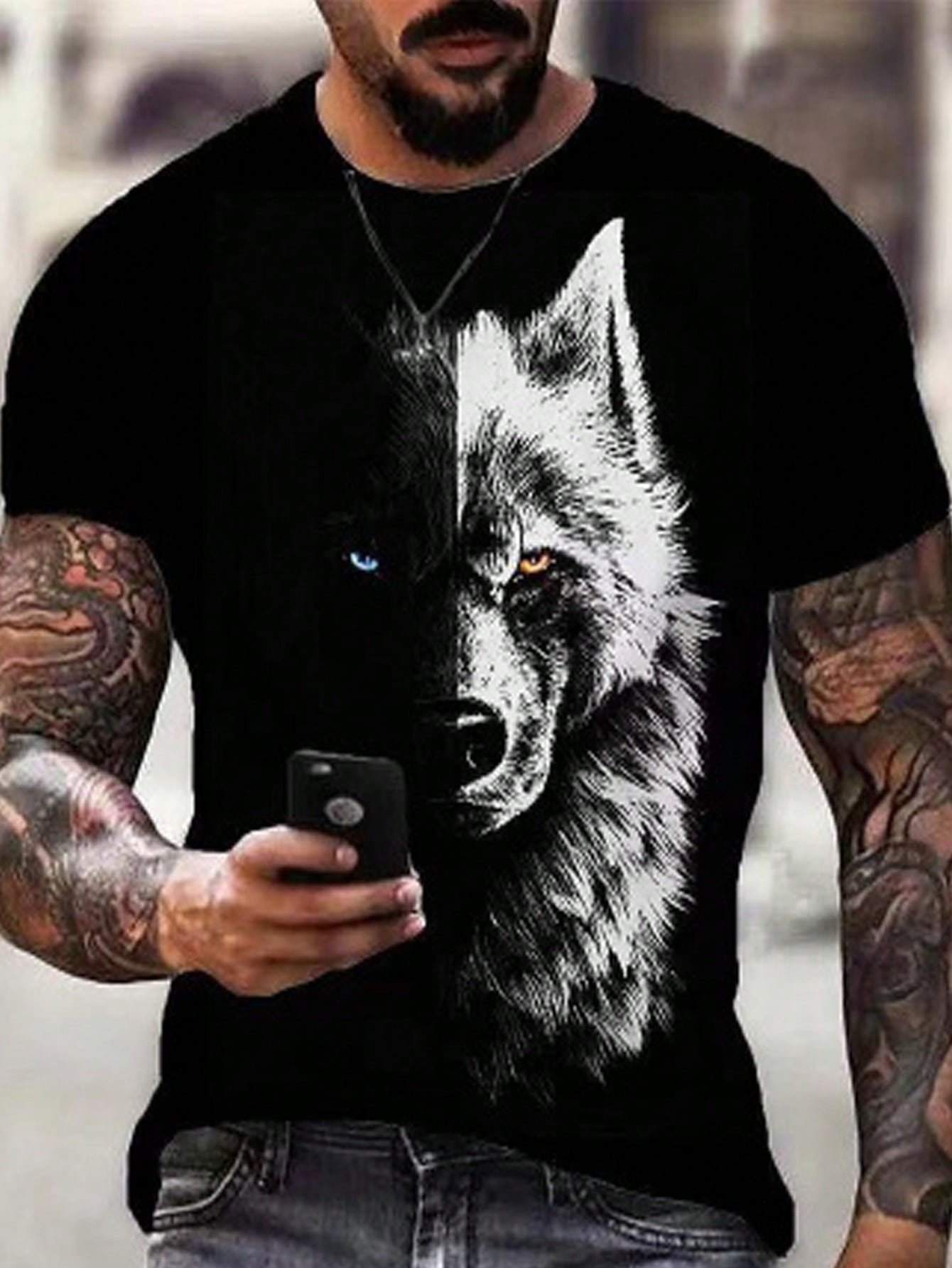 Introducing the Urban Wild t-shirt for men, featuring a stylish and unique wolf print on a short sleeve shirt. Perfect for the wild and adventurous man in your life. Makes a great gift for any occasion. Get yours today and embrace your urban wild side!