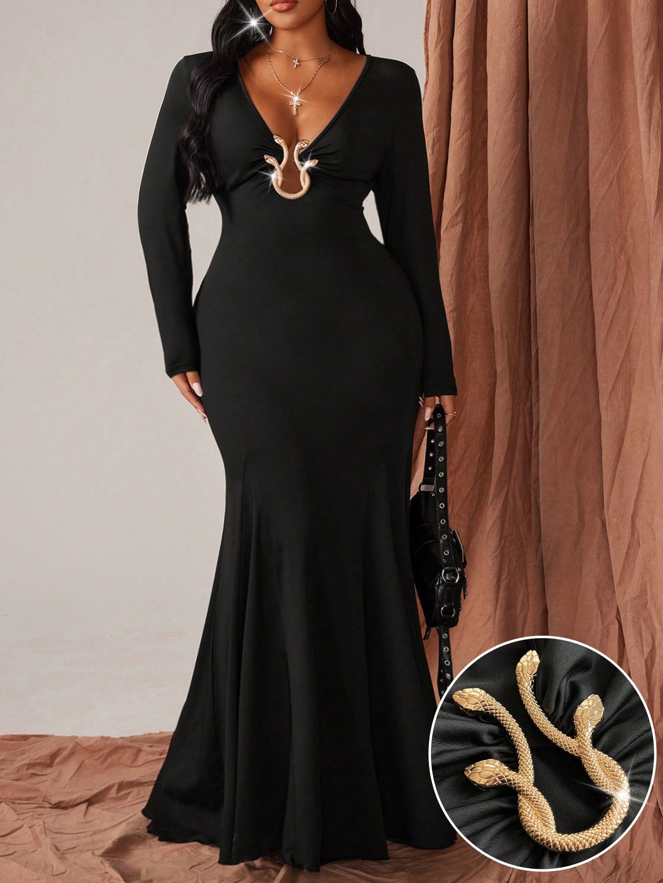 V-Neck Metal Decor Plus Size Solid Color Polyester Waist Cinched Sexy Party Autumn Winter Elegant Bodycon Maxi Dress V-Neck Metal Decor Plus Size Solid Color Polyester Waist Cinched Sexy Party Autumn Winter Elegant Bodycon Maxi Dress