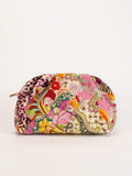 Patchwork floral paisley fabric ruffle clutch pouch with pink leopard panel and gold zipper pull front view