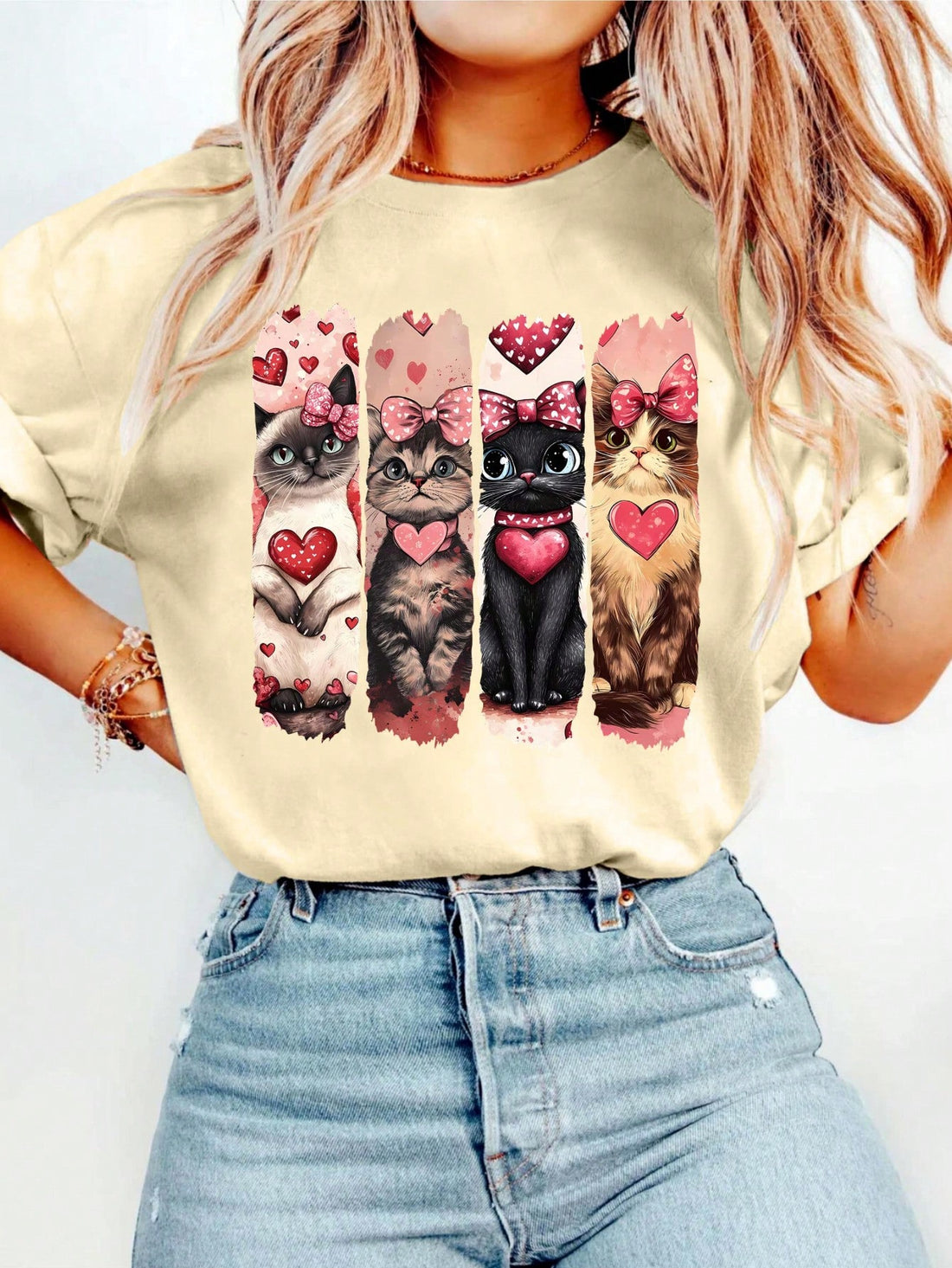 This cute and playful Valentine Cat Graphic Print T-Shirt is perfect for the summer season. With its short sleeves and comfortable crew neck design, it's a casual top that can be worn for any occasion. Make a statement with this quirky and fun t-shirt that is sure to bring a smile to everyone's face!