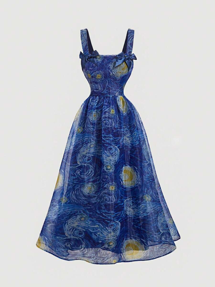 Inspired by Van Gogh's iconic starry night palette, this stunning blue galaxy dress brings artistic elegance to your wardrobe. The sleeveless cami silhouette features delicate straps, a flattering high waist, and a gracefully flared hem that moves with you. Shirred detailing and a hidden zipper add refined touches, while the lined construction ensures comfort and confidence. Perfect for parties, holiday celebrations, and garden events, this dress transitions beautifully from day to evening. 