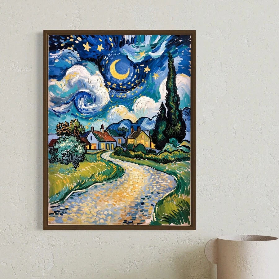 Room view of framed starry night village wall art on textured wall