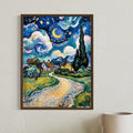 Room view of framed starry night village wall art on textured wall