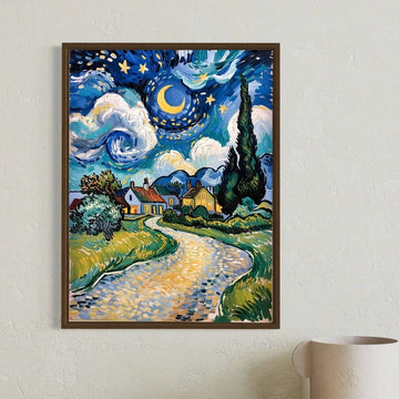 Room view of framed starry night village wall art on textured wall