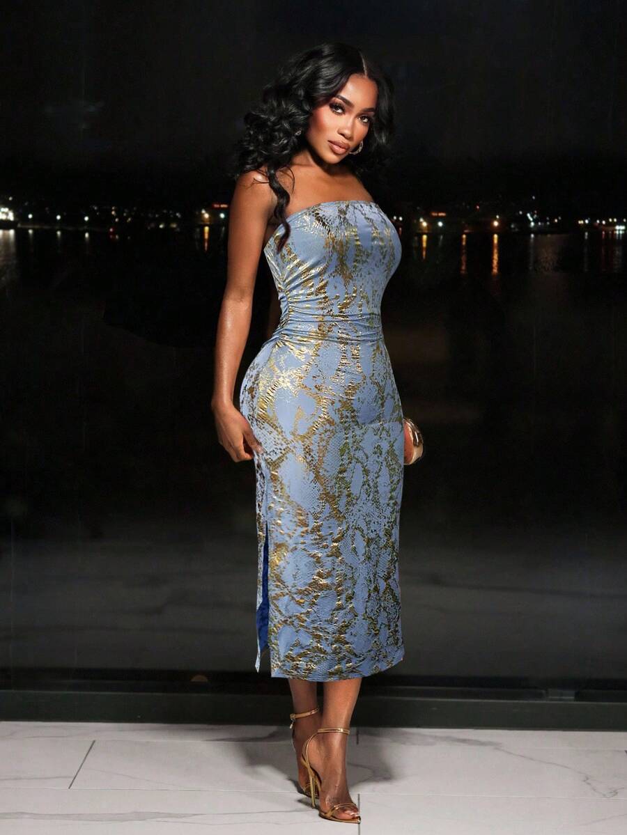 Turn heads effortlessly in this playful pink strapless dress, designed to highlight your confidence and flair. The hot stamping detail adds a bold, shimmering touch that catches the light and all eyes. Perfect for any occasion where you want to feel sexy and unstoppable, this versatile piece lets you move seamlessly from day to night with style and ease.