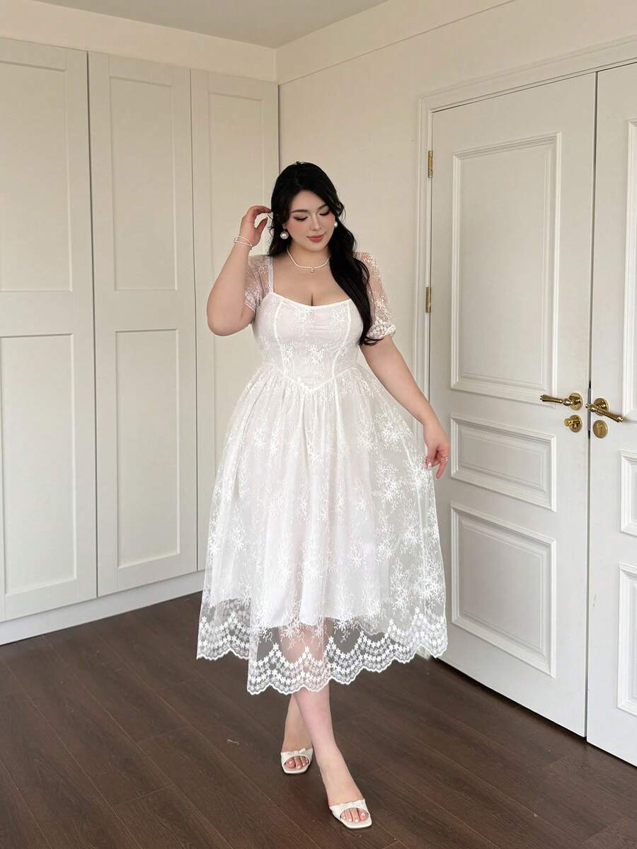 Elevate your wardrobe with this stunning plus-size lace dress from Vibekara. The square neckline frames your shoulders beautifully, while the A-line silhouette flatters every curve. Delicate lace detailing adds timeless elegance, and the gathered waist creates a defined, feminine shape. Perfect for special occasions, date nights, or whenever you want to feel confident and gorgeous. This dress celebrates your style with sophisticated design and comfortable fit.