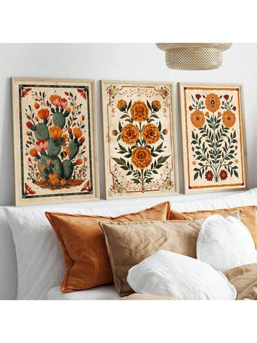 Add a splash of color and charm to any room with this vibrant 3-piece Mexican folk floral wall art set. Featuring lively cactus and floral designs, these playful prints brighten up your home or kitchen with a fresh boho vibe. Perfect for those who love a dash of whimsy and bold patterns that celebrate folk art traditions.