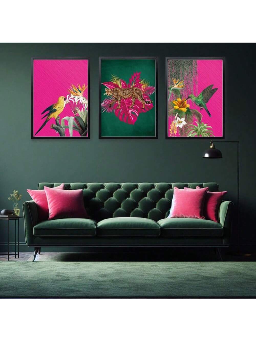 Bring a splash of jungle joy to your space with this vibrant 3-piece wall art set. Featuring an emerald green leopard and hot pink exotic birds, each piece bursts with playful color and tropical charm. Perfect for adding a lively, adventurous vibe to any room.
