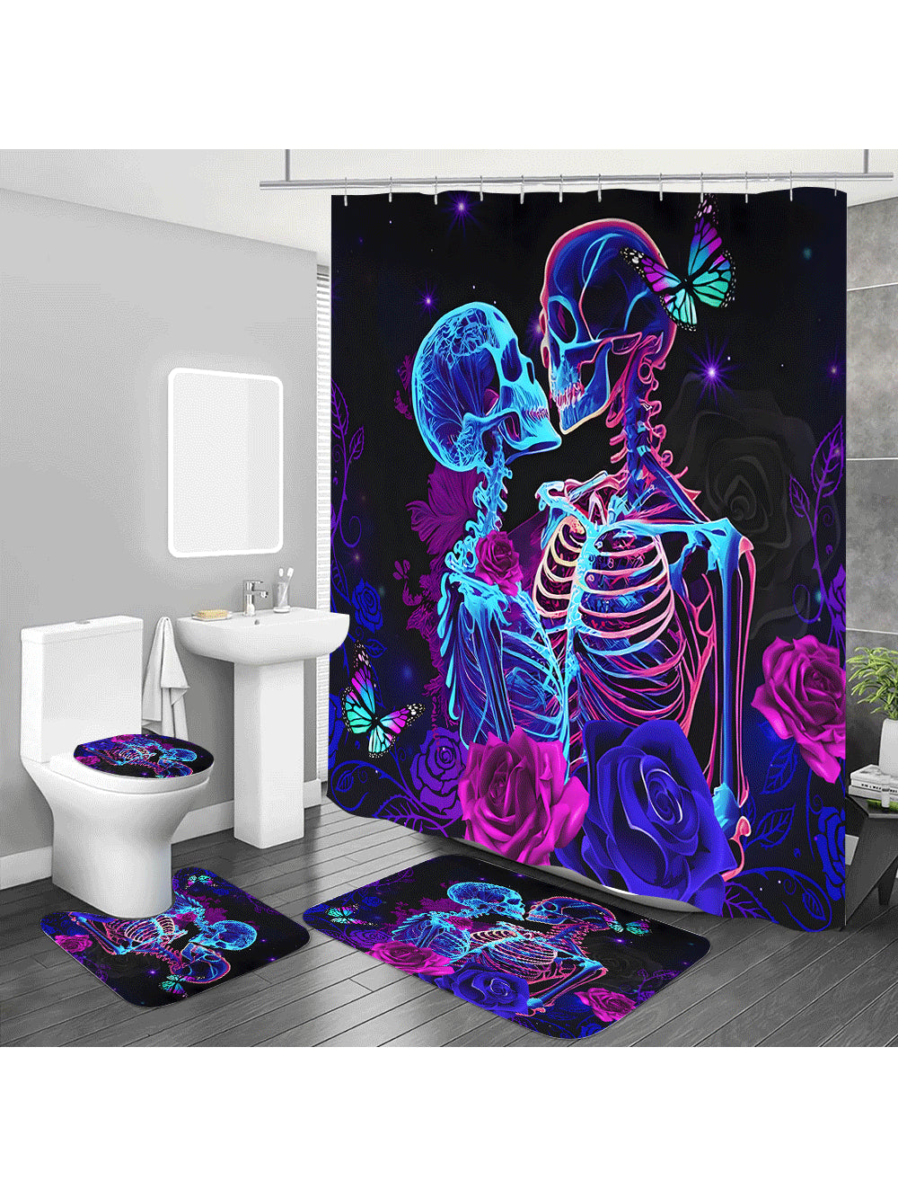 Add a splash of fun to your bathroom with this vibrant 4-piece skeleton set! Featuring a colorful shower curtain, matching bath mat, and toilet seat cover, it brings quirky charm and bold style to your space. Perfect for those who love trendy, playful decor that stands out while keeping your bathroom cozy and inviting.