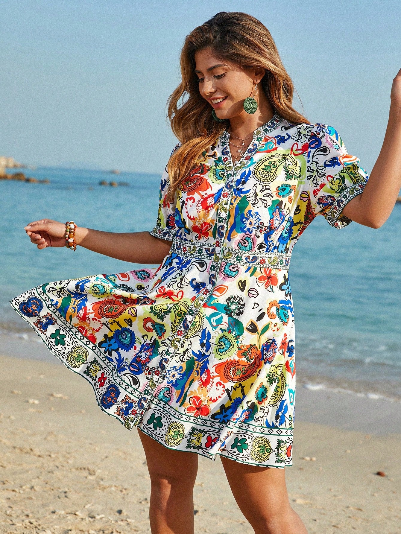 Vibrant Boho Chic: Plus Size Colorful Print Puff Sleeve Vacation Dress – Canary Houze