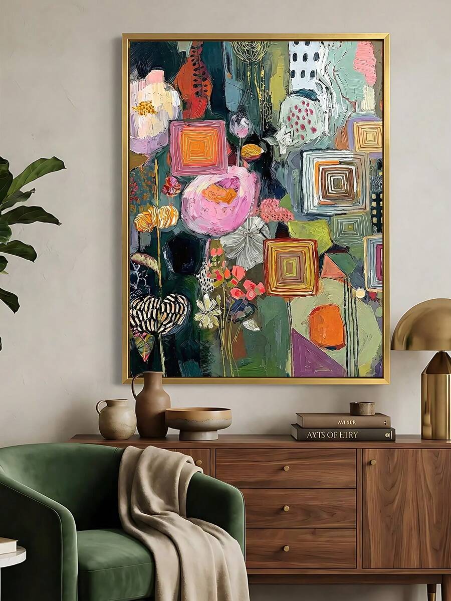 Living room view of abstract floral collage wall art in a slim gold frame