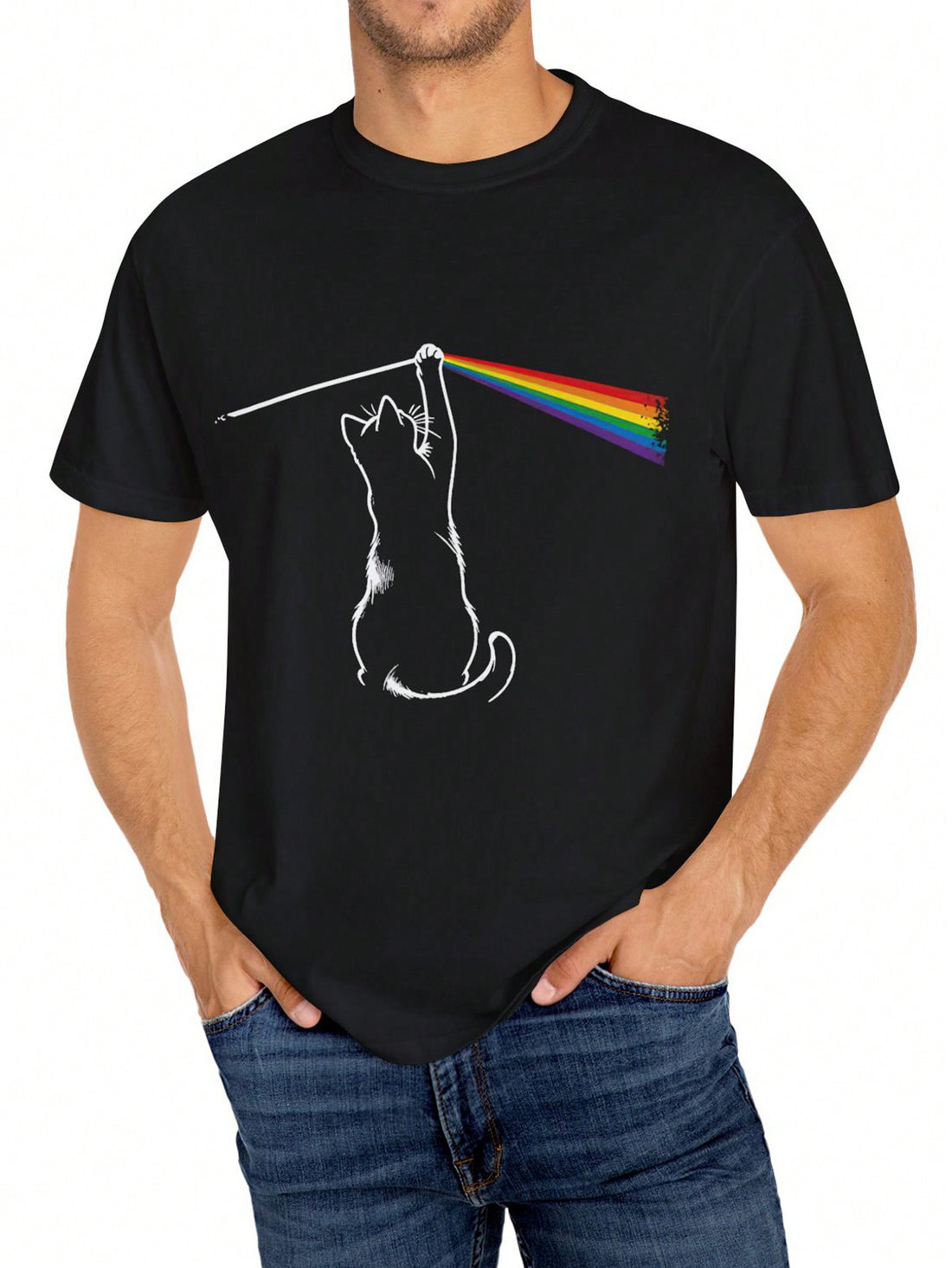 Elevate your casual style with this vibrant cat rainbow print t-shirt for men. Perfect for adding a pop of color to any outfit, its short sleeve style is both comfortable and playful. Unleash your inner quirky cat lover with this unique shirt.