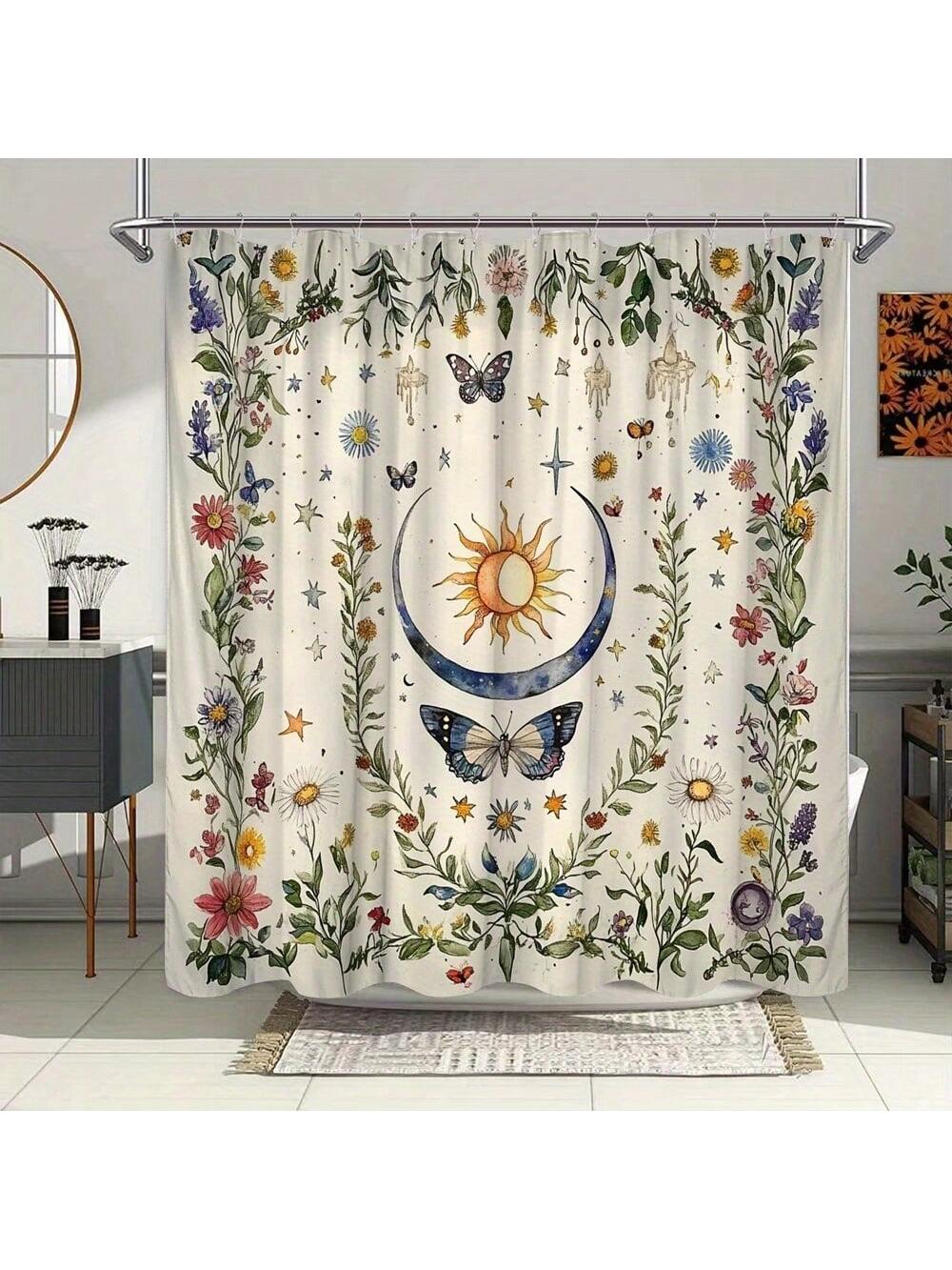 Bring a splash of retro summer charm to your bathroom with this vibrant shower curtain featuring sun, moon, butterflies, and floral designs. Its playful celestial and botanical patterns create a lively, uplifting atmosphere, turning your daily routine into a joyful escape. Perfect for adding color and personality to your space while keeping water where it belongs.
