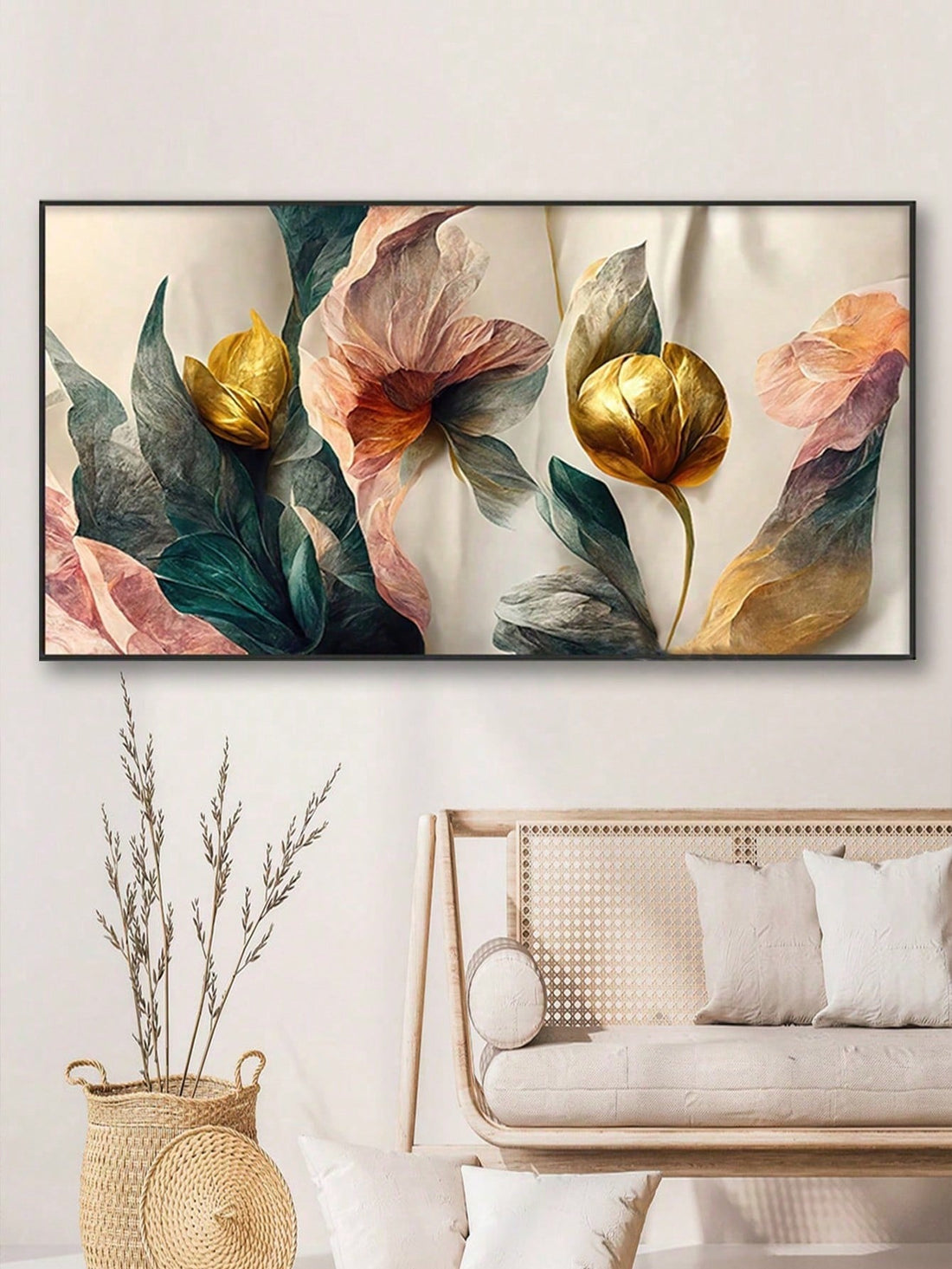 Expertly crafted and designed, our Vibrant Floral Elegance canvas wall art features vibrant, striking colors of gold, green, and pink. Add a touch of elegance and sophistication to your modern home décor with this beautiful piece, sure to elevate any room.