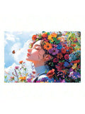 Floral woman portrait canvas wall art with flower hair and butterfly