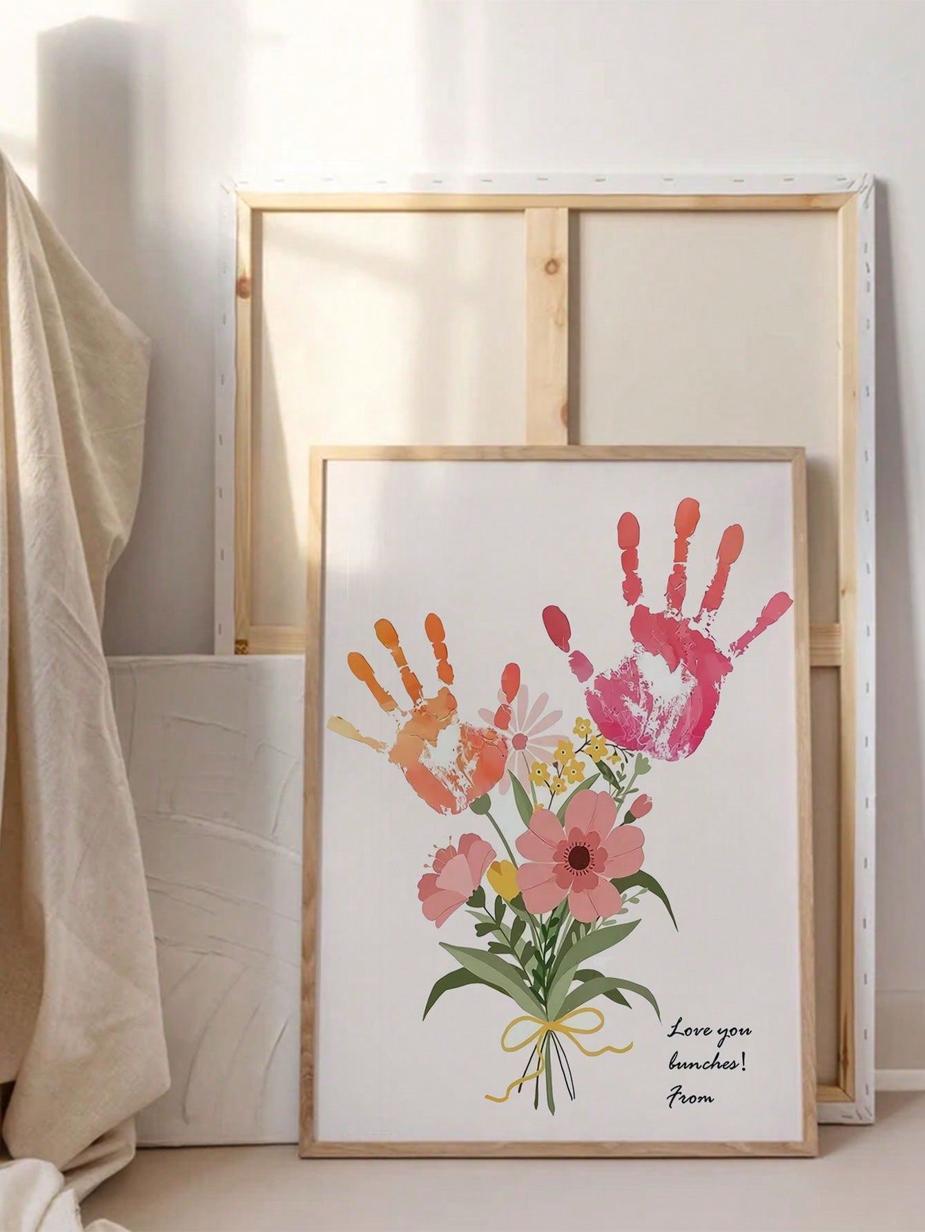Surprise your mom with this Vibrant Floral Handprint Bouquet Canvas Art! Perfectly crafted for home decor and the perfect Mother's Day gift. The colorful flowers will bring life and happiness into any room. Show your love with this playful addition to your home.