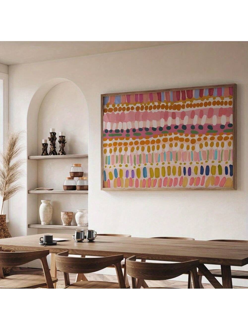 Add a splash of color and fun to any space with this vibrant geometric abstract canvas art print. Its bold shapes and lively hues bring energy to your living room, bedroom, kitchen, or office. Lightweight and easy to hang, it’s the perfect way to brighten your walls and spark creativity wherever you choose to display it.