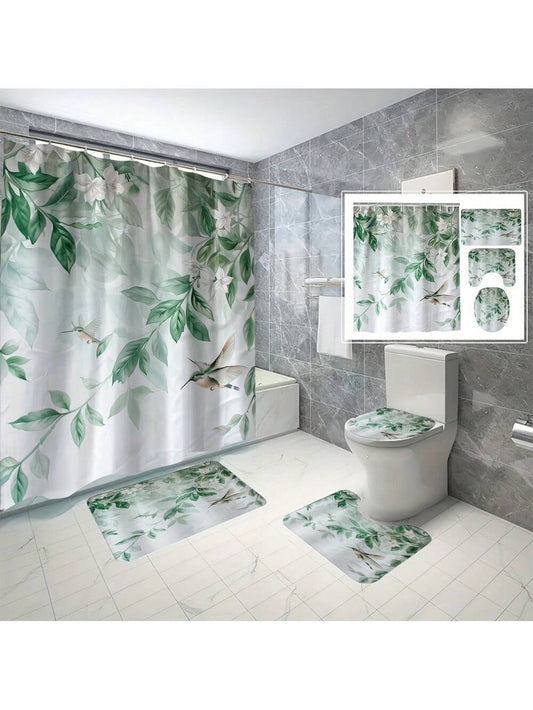 Elevate your bathroom with the Vibrant Green Leaf & Hummingbird shower curtain set. Featuring a 3D design and waterproof material, this 4-piece set adds a touch of nature to your bath while protecting your floors from water damage. Enjoy the benefits of a serene and stylish shower experience.