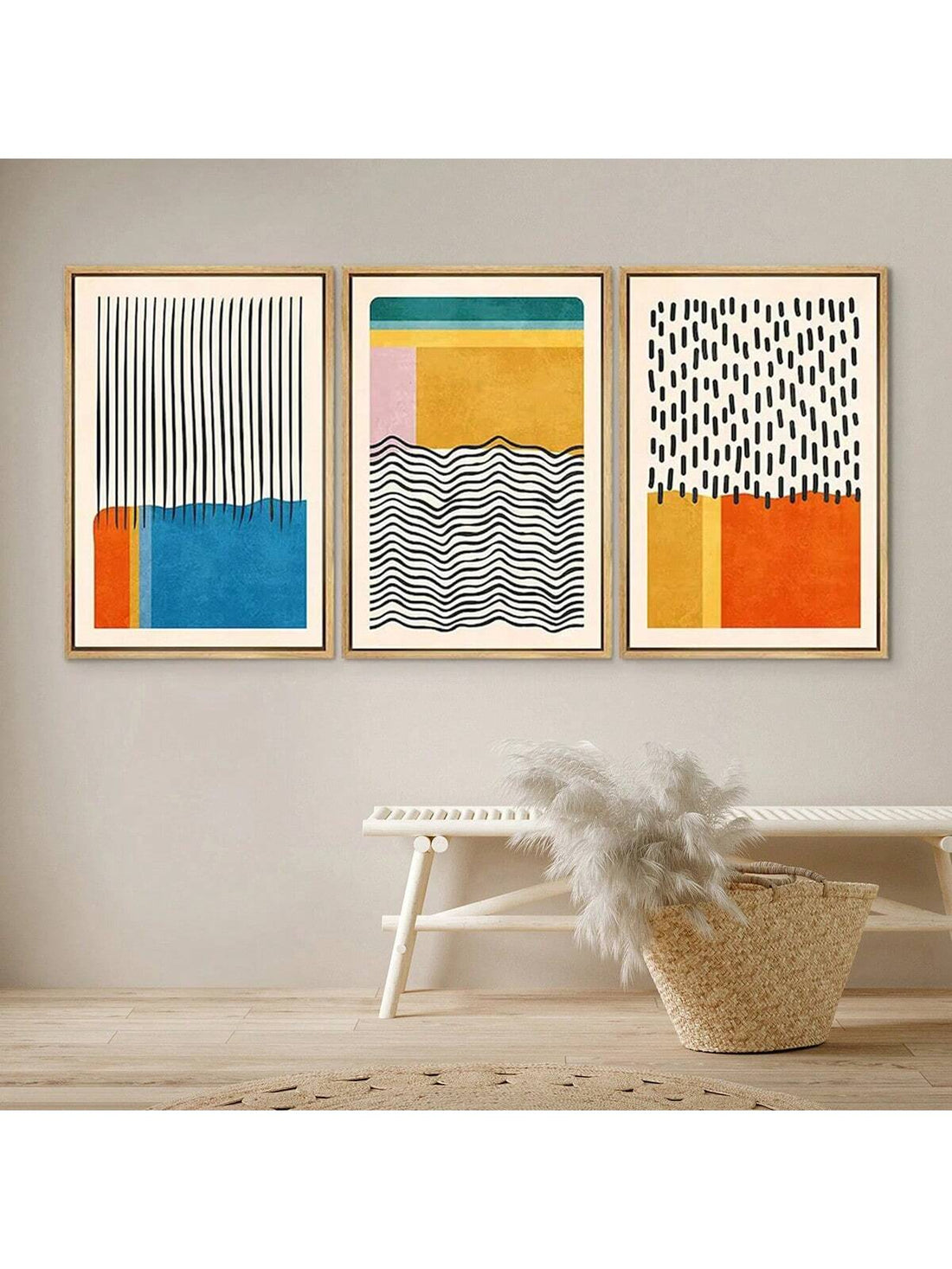 Add a pop of color and style to your walls with this Vibrant Mid-Century Modern Canvas Art Set! Featuring abstract color blocks, this set is a unique and playful addition to any room. Show off your love for modern art with this quirky and eye-catching wall decor.