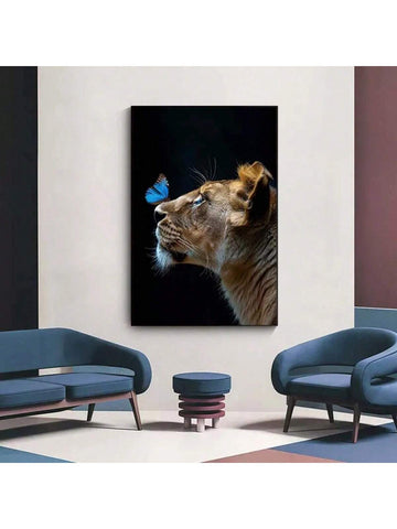 Add a splash of wild charm to your space with this vibrant canvas art featuring a majestic lion and a delicate blue butterfly. Perfect for stylish homes, it brings a playful and modern twist to your décor, sparking conversation and brightening any room with its bold colors and unique design.