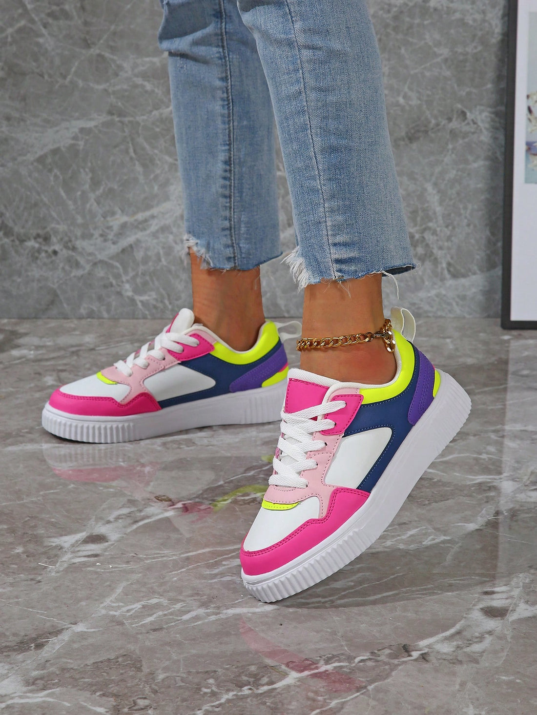 Step into style with these eye-catching multi-color gradient sports shoes designed for women who refuse to blend in. Featuring a vibrant ombre effect that transitions across the upper, these lace-up kicks deliver comfort for all-day wear, whether you're hitting the skate park or dancing at your next party. The cushioned thick sole provides reliable support and shock absorption, making them perfect for active lifestyles. Durable construction meets bold fashion in one playful package that'll have everyone ask